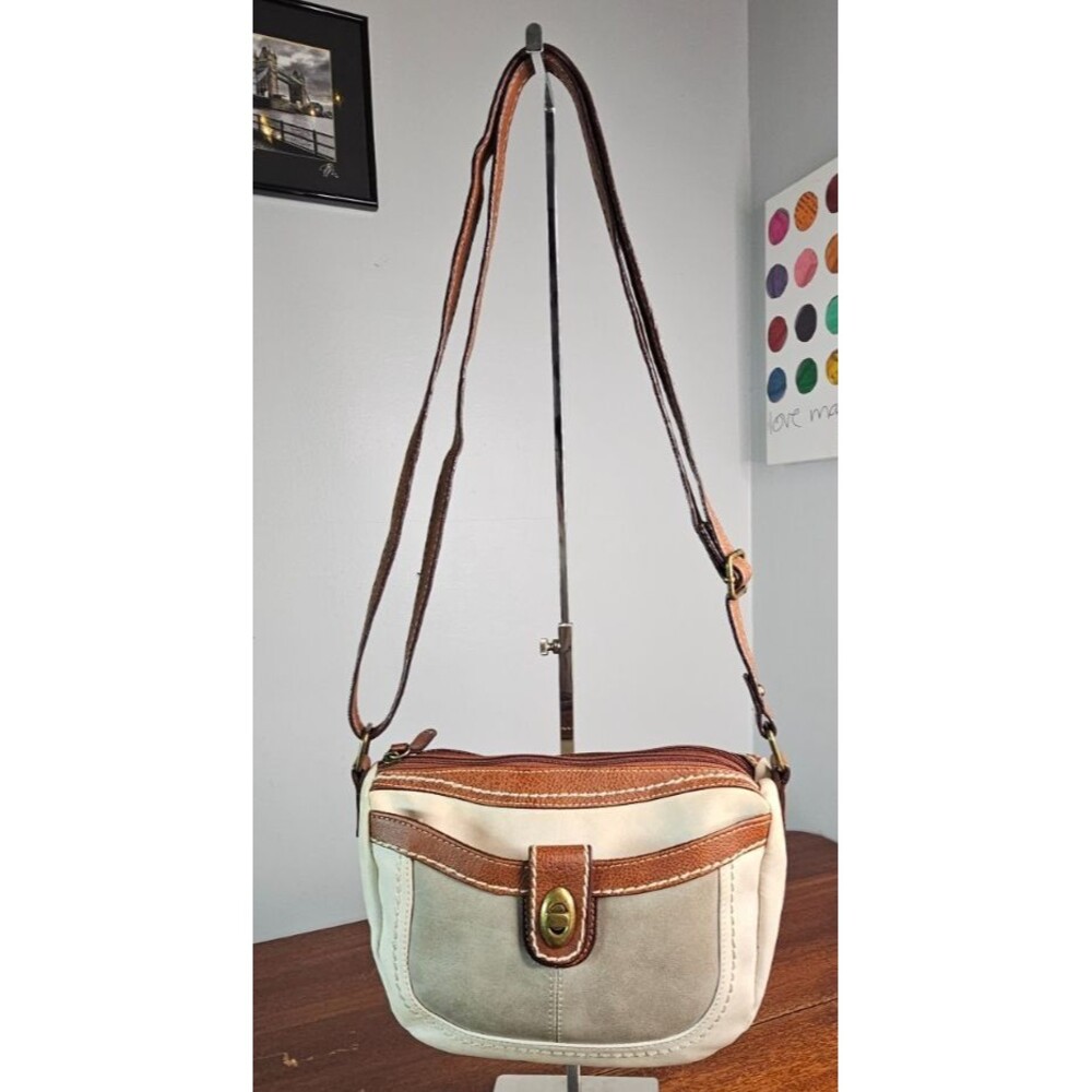 b.o.c. cream canvas and brown leather shoulder handbag purse